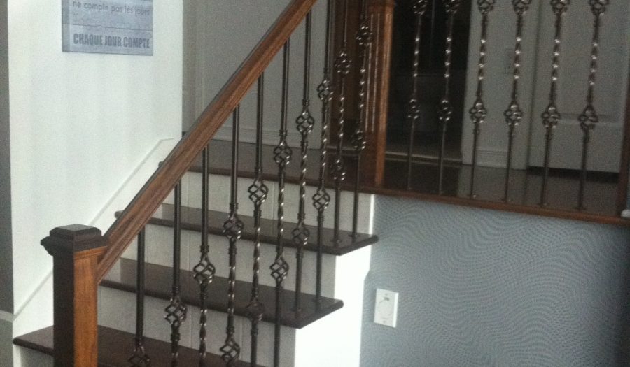 Un escalier avec rampe en fer forgé et bois et des contre-marches en céramique